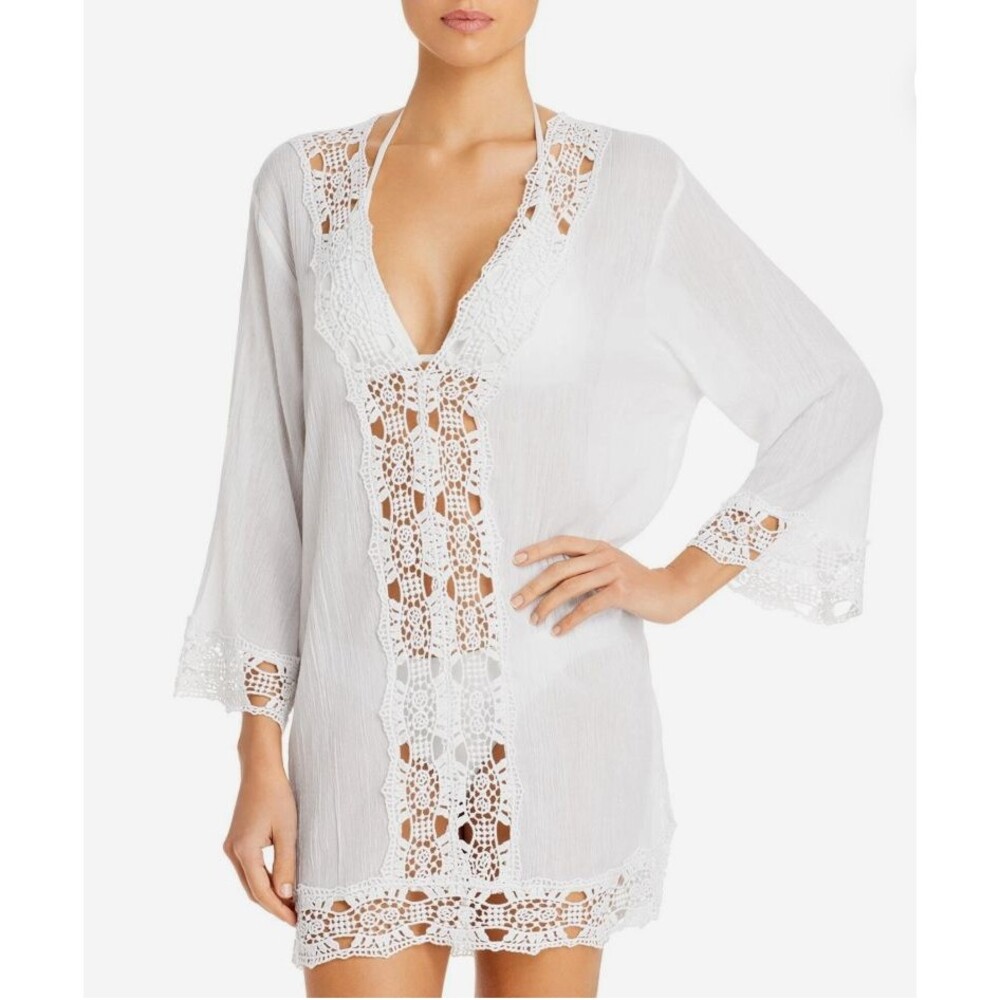La Blanca Women's White Island Fare Crocheted Lace Trim Swim Cover-Up SZ L